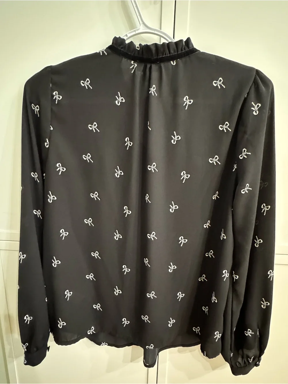 J. Crew Black Bow-Print Ruffle Tie-Neck Blouse